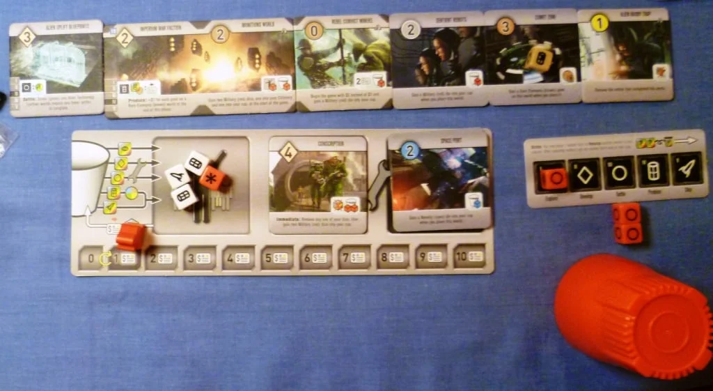 My badly managed empire in Roll for the Galaxy, I ended up with just red dice towards the end.