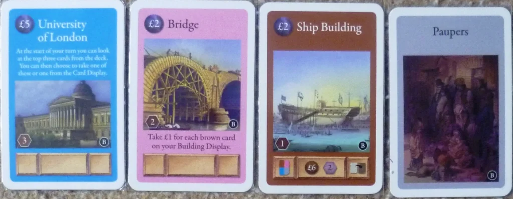 A sample of the cards - the centre box at the bottom of the Ship Building shows the rewards for when the card is activated