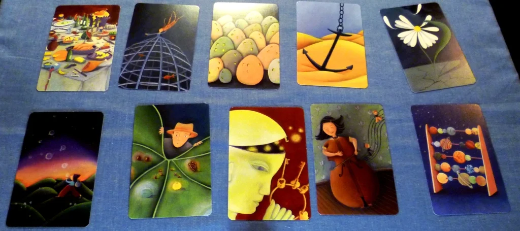 Dixit cards laid out for Codenames