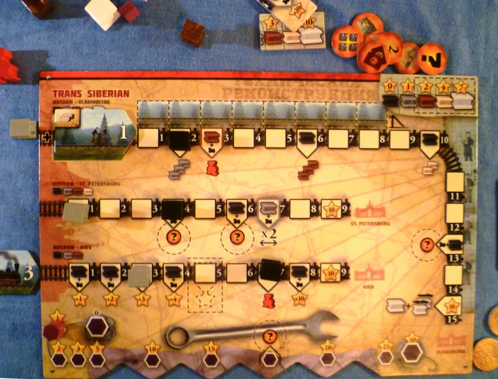 Reds player board early in the game, Moscow-Kiev is being developed with the black rail triggering an extra worker bonus and the grey rail scoring 3 points because of the 3 train, the black rail is scoring a bonus 6 points.