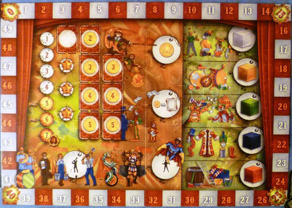 Main action board (before game start) Large white circles are for the players action discs (each player has 3 to play each turn)