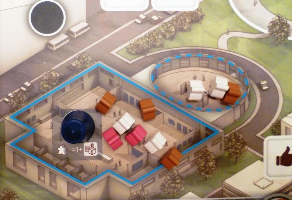 The Blue players Gallery showing their visitors and those awaiting entry in the lobby area - the lobby is linked to the central plaza, it takes a relevant coloured ticket to move a visitor between one of these spaces and the next.