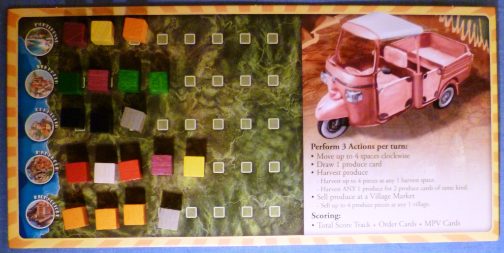 The pink players Took Took board showing what goods have been delivered to which towns