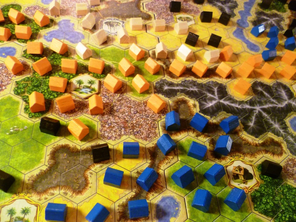 Players houses/settlements on part of the board at the end of the game.