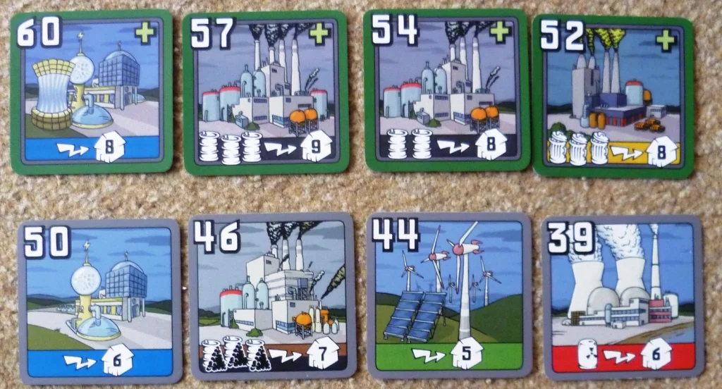 Factories from the 2004 edition (bottom row) and the New Power Plants expansion 2007 (top row)