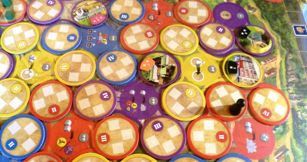 The board at the game start - Architects can only be placed on discs with "I" in phase 1.