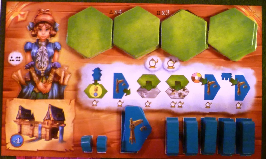 A player board at the game start with the actions listed in the middle of the board