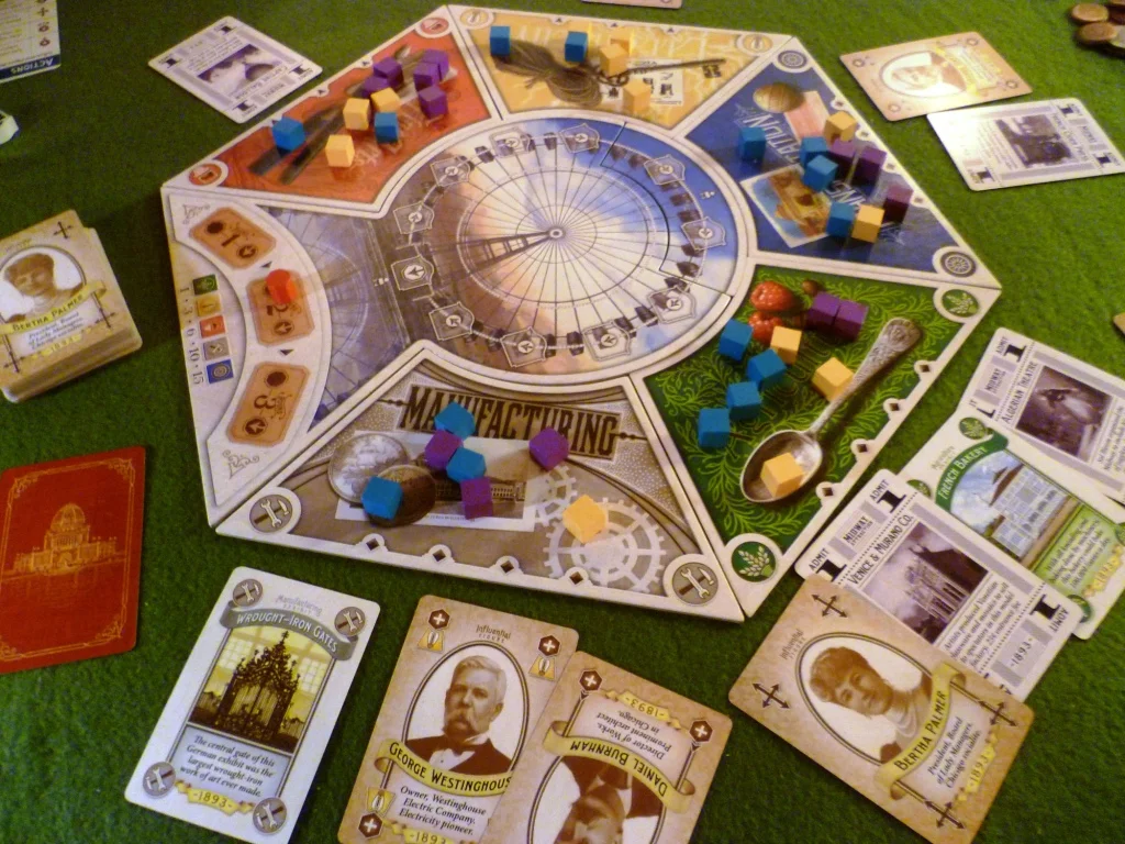 The board and some of the cards in Worlds Fair 1893