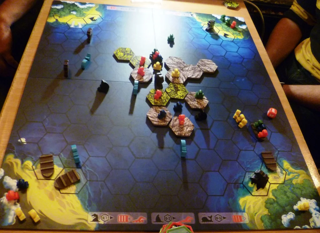 Survive gives us meeples instead of pawns and slotted boats, but where are the Dolphins?