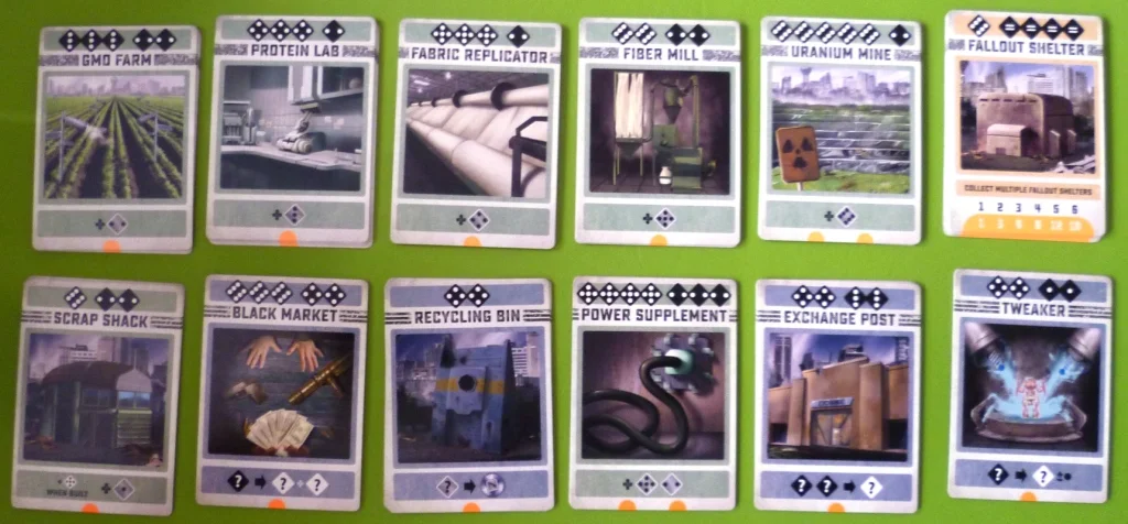 The top row is the basic sets used in every game, the bottom row is the additional sets for this game (missing 1 stack)