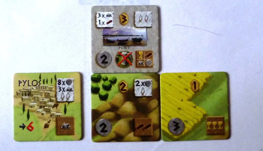 Pylos is the start tile here - this is a mock up just showing layout, the wheat field could not be played here as there is no matching production symbol on it and the adjacent tile. The Port tile required 3 stone and 1 wood to build, came with an instant 2 population and a choice of 1 income from any of the 4 base commodities. The wheat field gives an income of 3 wheat.