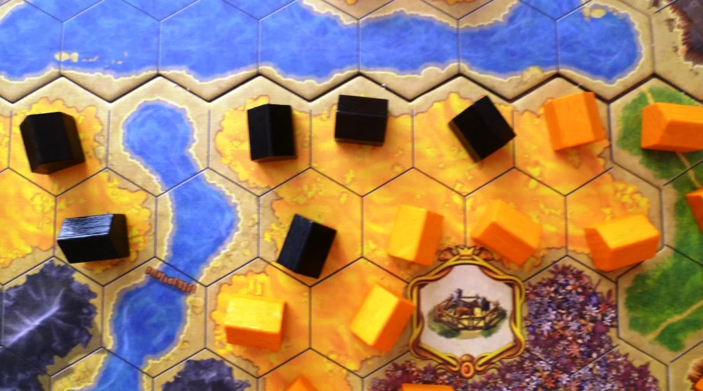 Terrain such as water blocks. Small village has given yellow a bonus token