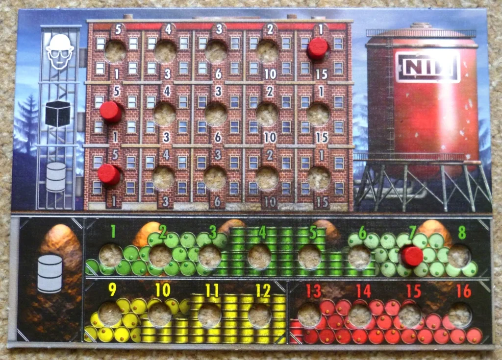 My player board showing that I am now fully mechanized and need only 1 employee in my Factory. It also shows a pollution level of 7, should I make another contract now it will add another 5 pollution to my store putting me in severe danger of penalties.