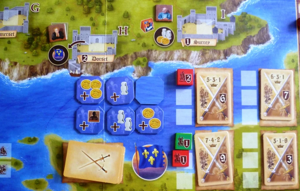 The conflict part of the board, rewards for going to France are shown on the blue octagonal tiles