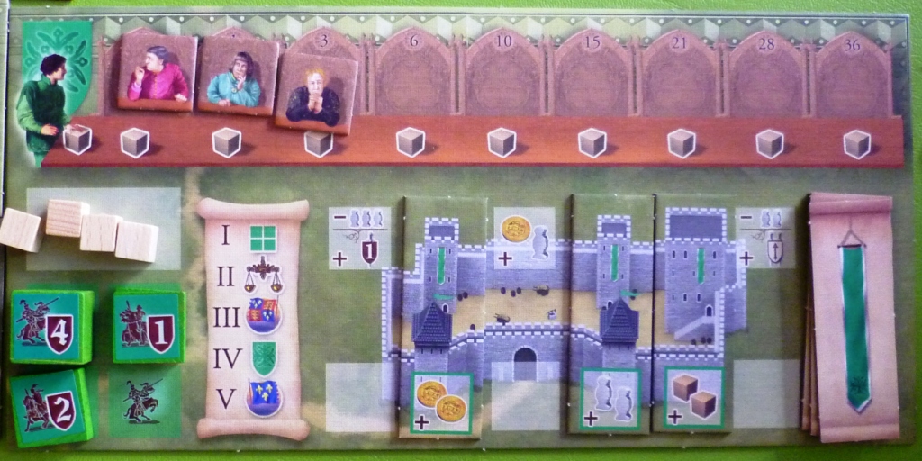 A player board showing 3 Nobles (at top) 3 renovations to the castle, and some Knights on the left ready to be placed.