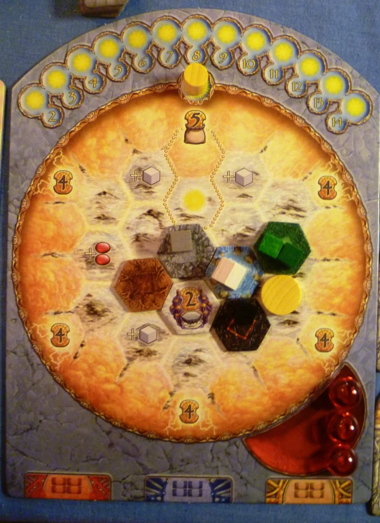 A Player board in Helios which uses various methods for collecting victory points, a lovely game.