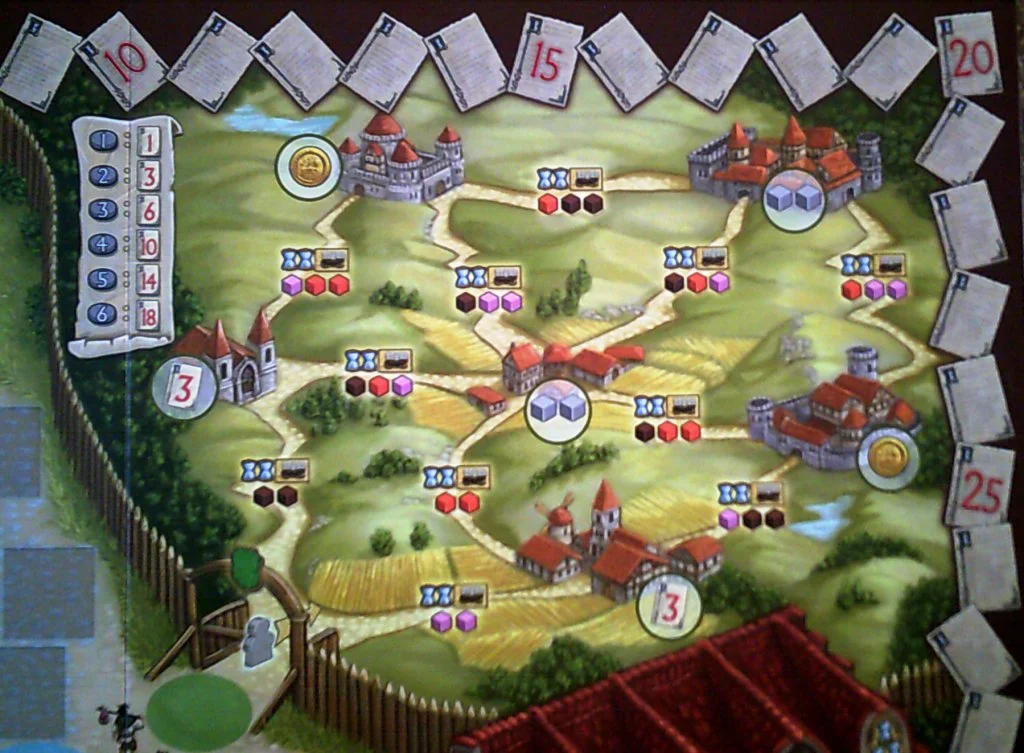 The travelling section of the board, the first journey is using a wagon, 2 time and either 2 pink or 2 brown cubes.