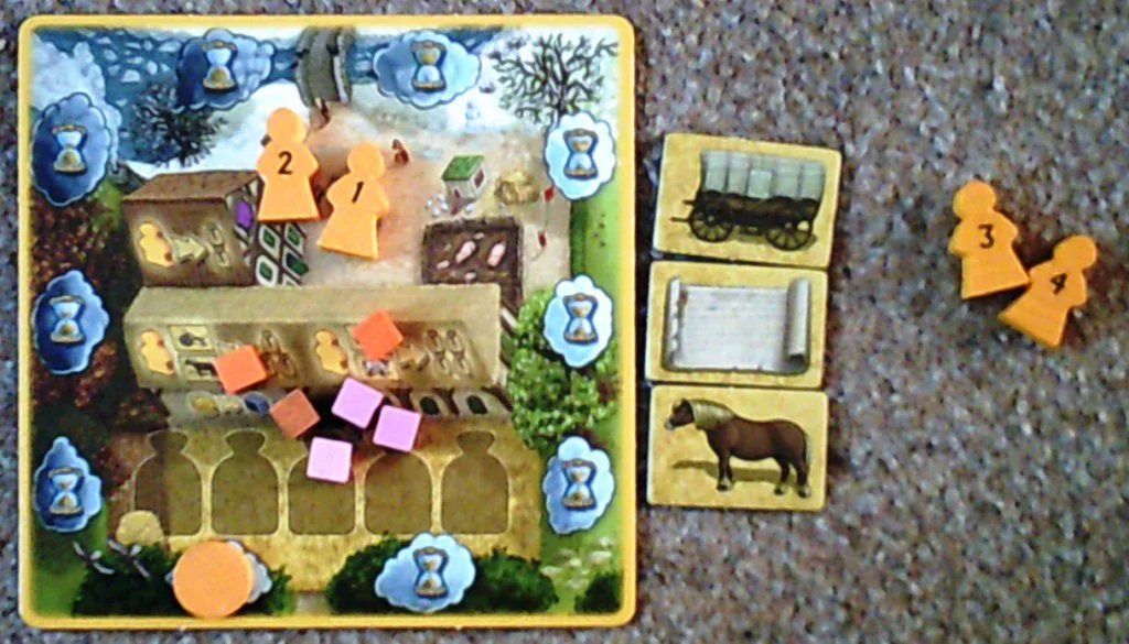 A player board showing 1st and 2nd generation pawns, the "time" marker (currently at the bottom), some cubes and 3 artisan products.