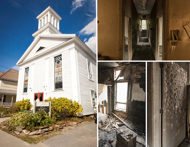 Left: Church Studios exterior (2014); Right: interior after the fire (2016)
