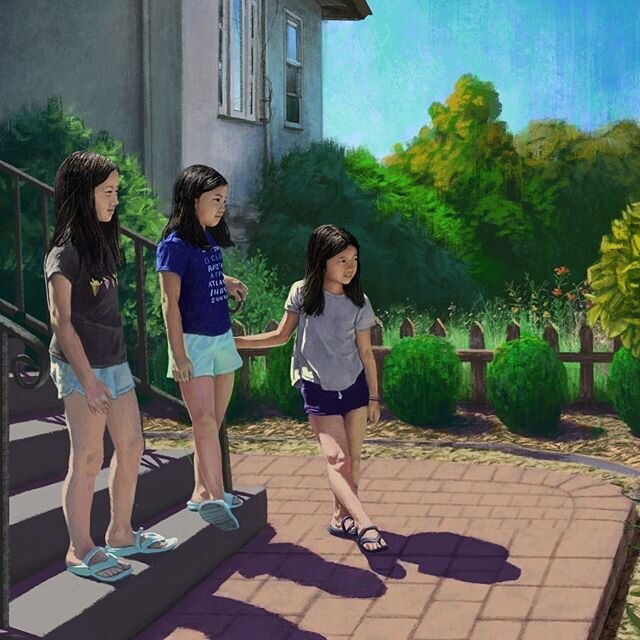 &lsquo;Social Distance&rsquo; - After seeing some of the amazing work by @nicolasuribeb of his kids. I&rsquo;ve been inspired to draw my kids more. Just finished a new painting of our girls talking to one of their friends while distancing 6 feet apar