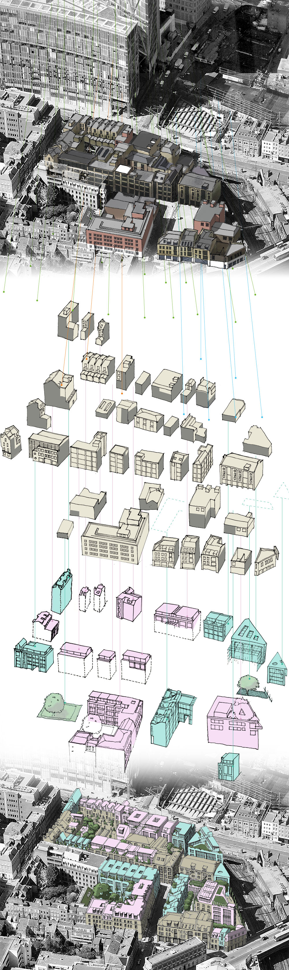 BFF's proposals show the capacity for development on vacant sites and additions to existing buildings (existing buildings shown in beige and new development in green and pink)