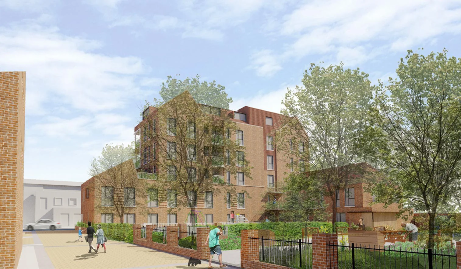 The rear of the proposed new block, with the enlarged resident’s garden and new play area in the foreground.