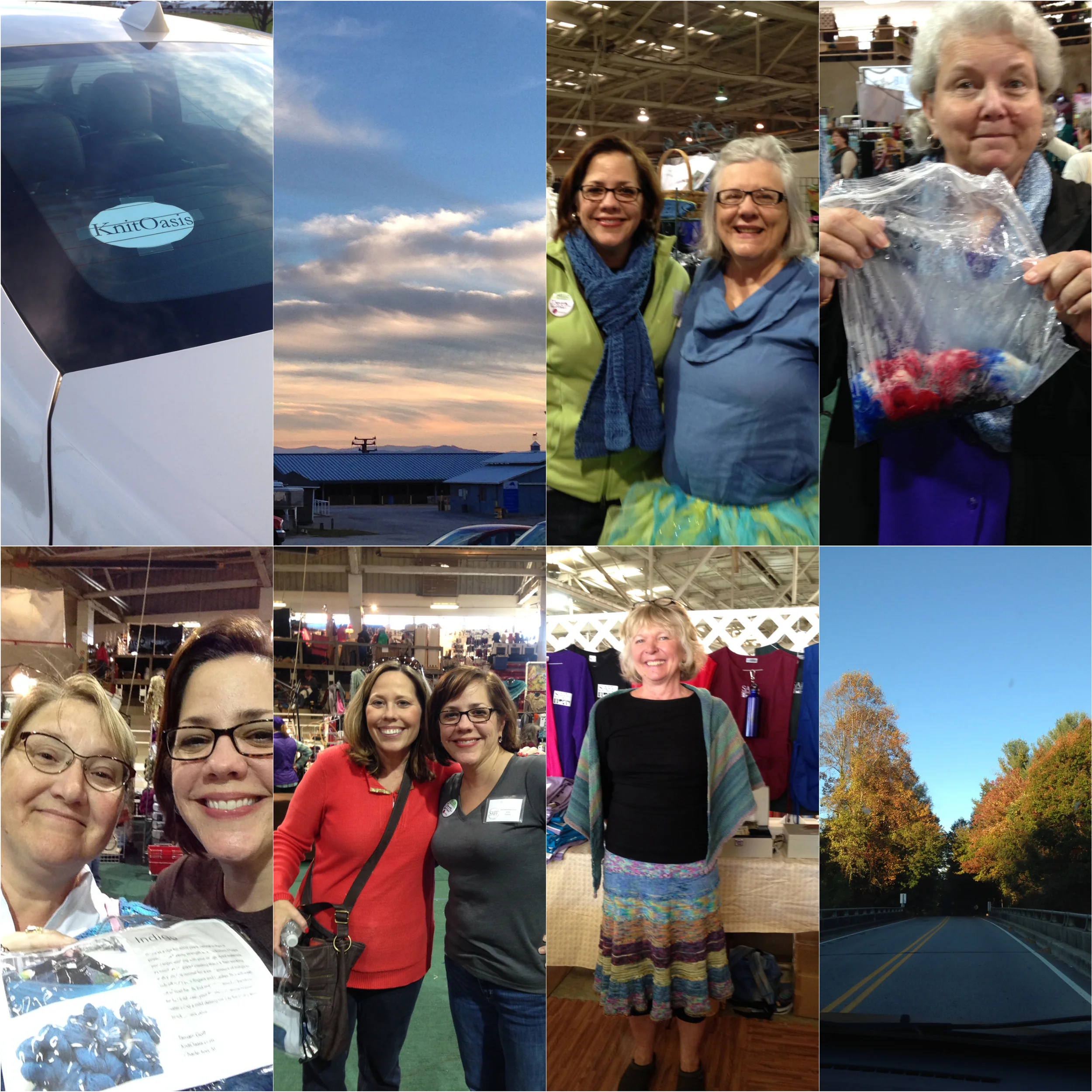 L-R, top row: 1.My knit-mobile for the trip was appropriately decked out. 2. Mountain skies? Yes, please! 3. Me and Pat Lorenz, somehow color-coordinating, ready for SAFF shoppers! 4. Claudia and her awesome sock yarn. L-R, bottom row: 1. Thank you for buying my kits, Corinne!!! xoxox 2. I met Starr at last year's Knit Inn and decided she fit right in. So cool to see her again! 3. One of the SAFF volunteers in THE skirt. 4. The colors, oh my!!