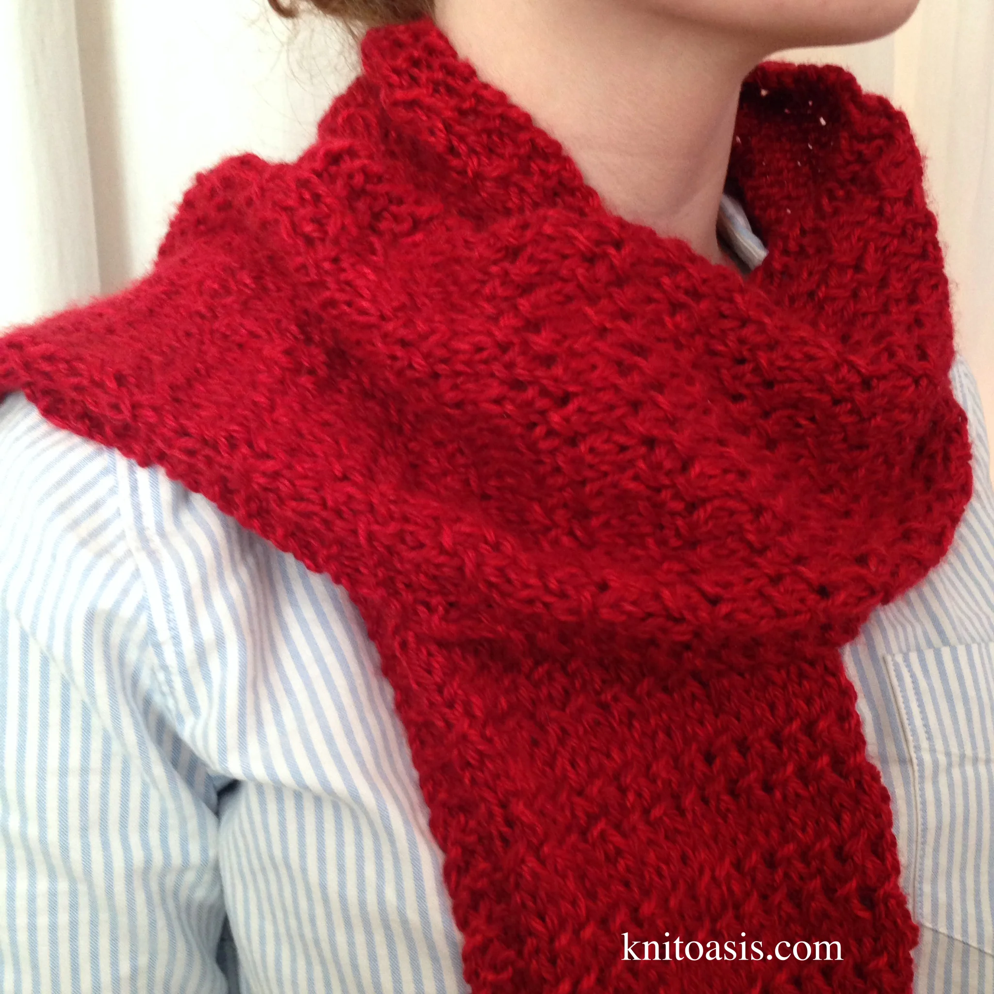 Thousand Mile Journey Scarf This pattern is available as a free Ravelry download Using Barbara Walker’s purl twist fabric for inspiration, the Thousand Mile Journey scarf features a soft texture that looks a little like tire tracks. It’s a lovely way to send a hug to a foster care student as they set out on the road of life. An easy 6 row pattern with a garter stitch border that knits quickly with aran/worsted weight yarn and US size 9 needles, make one for the Red Scarf Project , then make one for yourself, too!