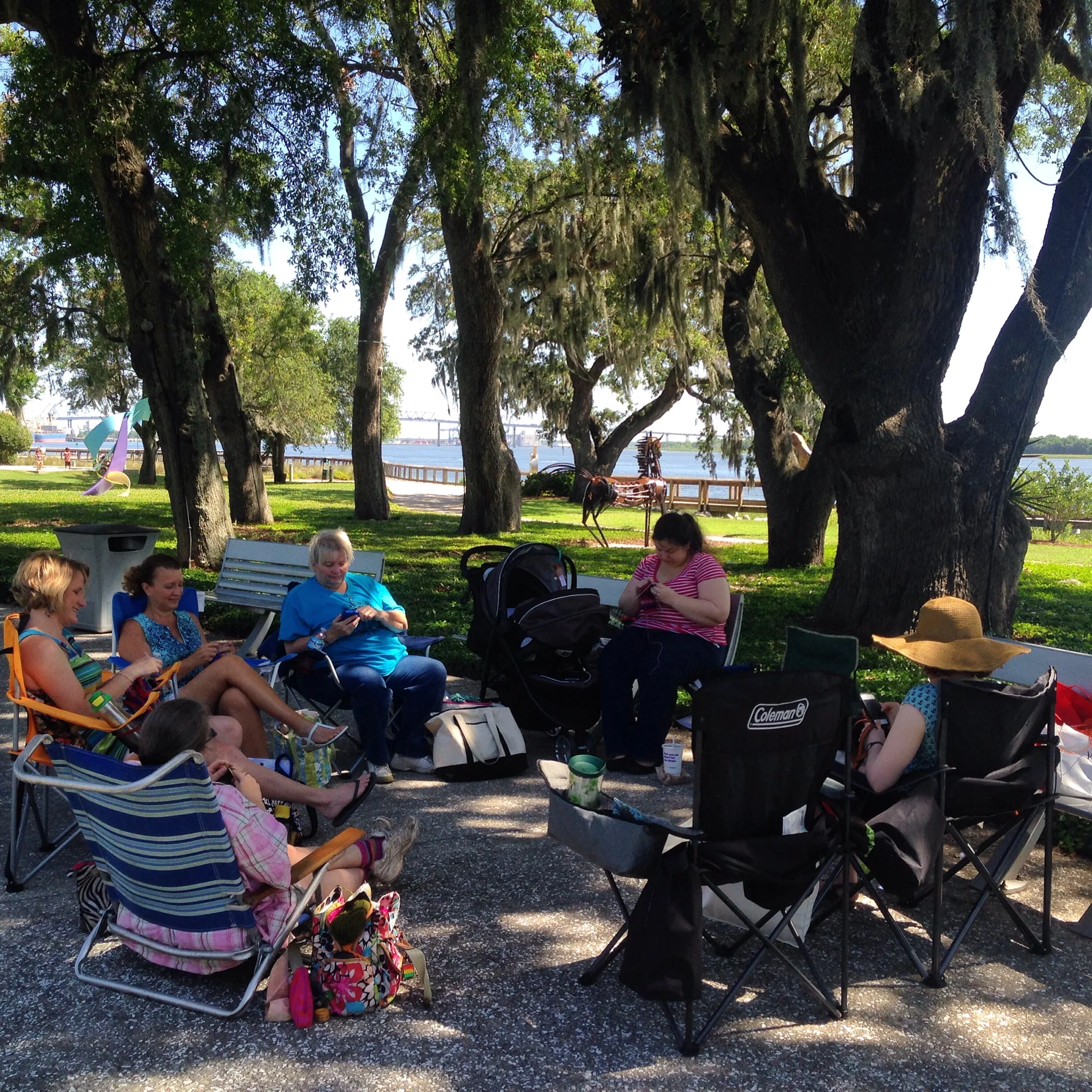 Knitting under the oak trees, overlooking the Cooper River.