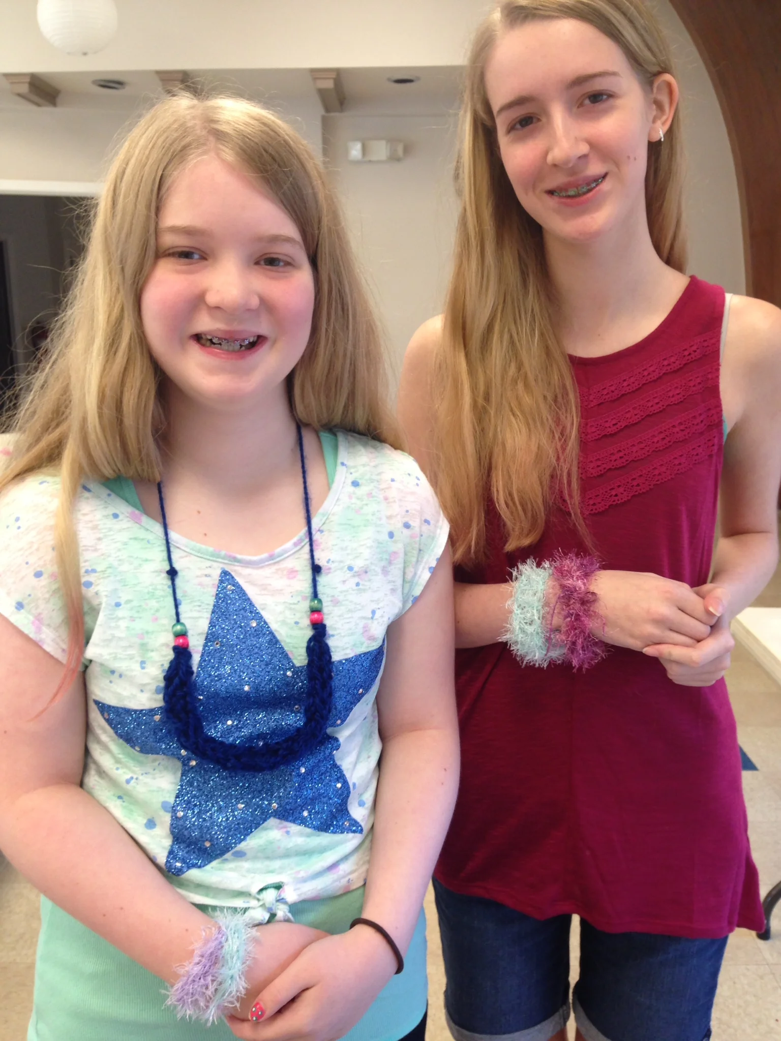 Fun fur yarn made for great finger knitted bracelets.