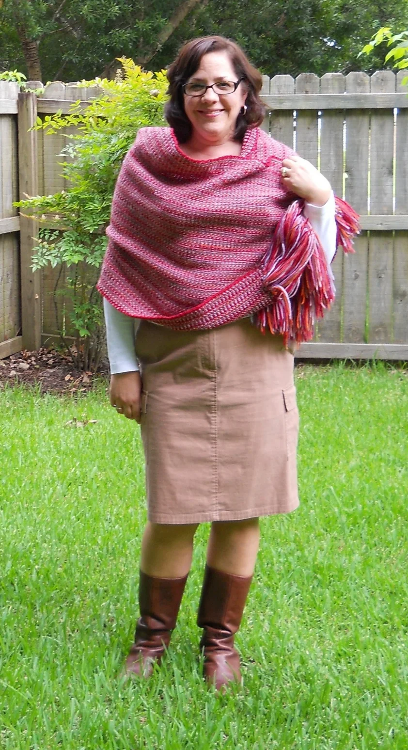 Tamara, wearing the Tamara Wrap. Pattern by Melissa Leapman.