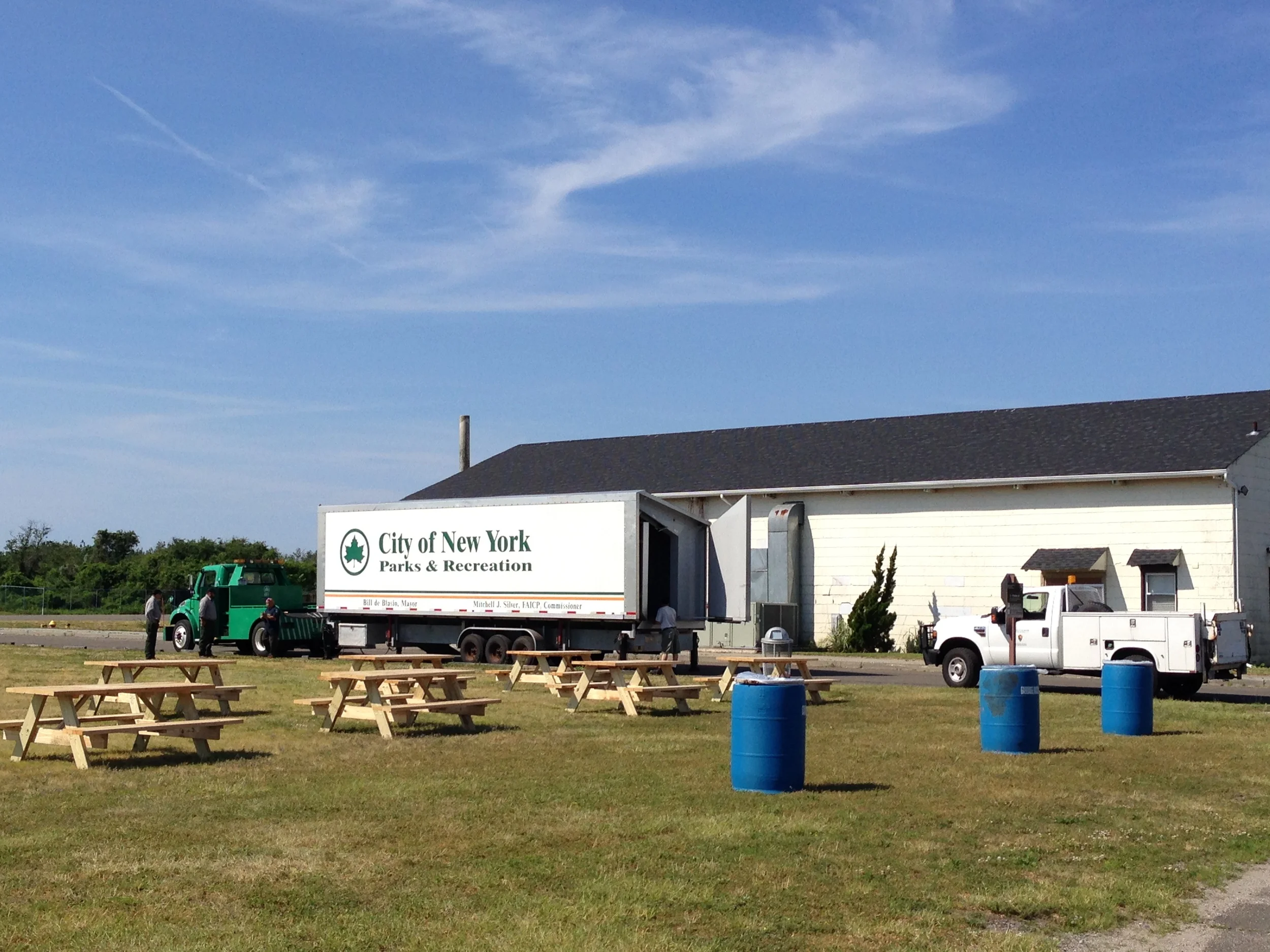 NYC Parks setting up the stage for Patti Smith and James Franco's performance at the Rockaways! Public Art Festival.