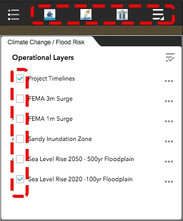 Add layers to the map by clicking the icons above the legend and selecting the layers avaliable.
