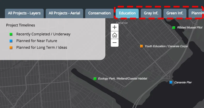 Projects fall under one or more categories. You can sort projects by category by clicking on the tabs above the map.