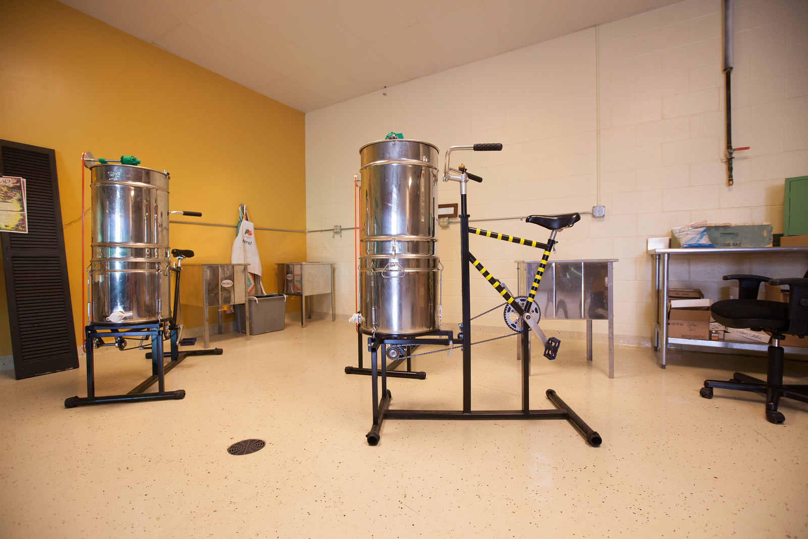 Bike powered honey extractors at the Beez Kneez Honey House. 