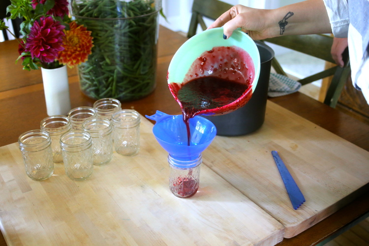 Pour liquid in wide mouth funnel into the pre-sanitized jars.