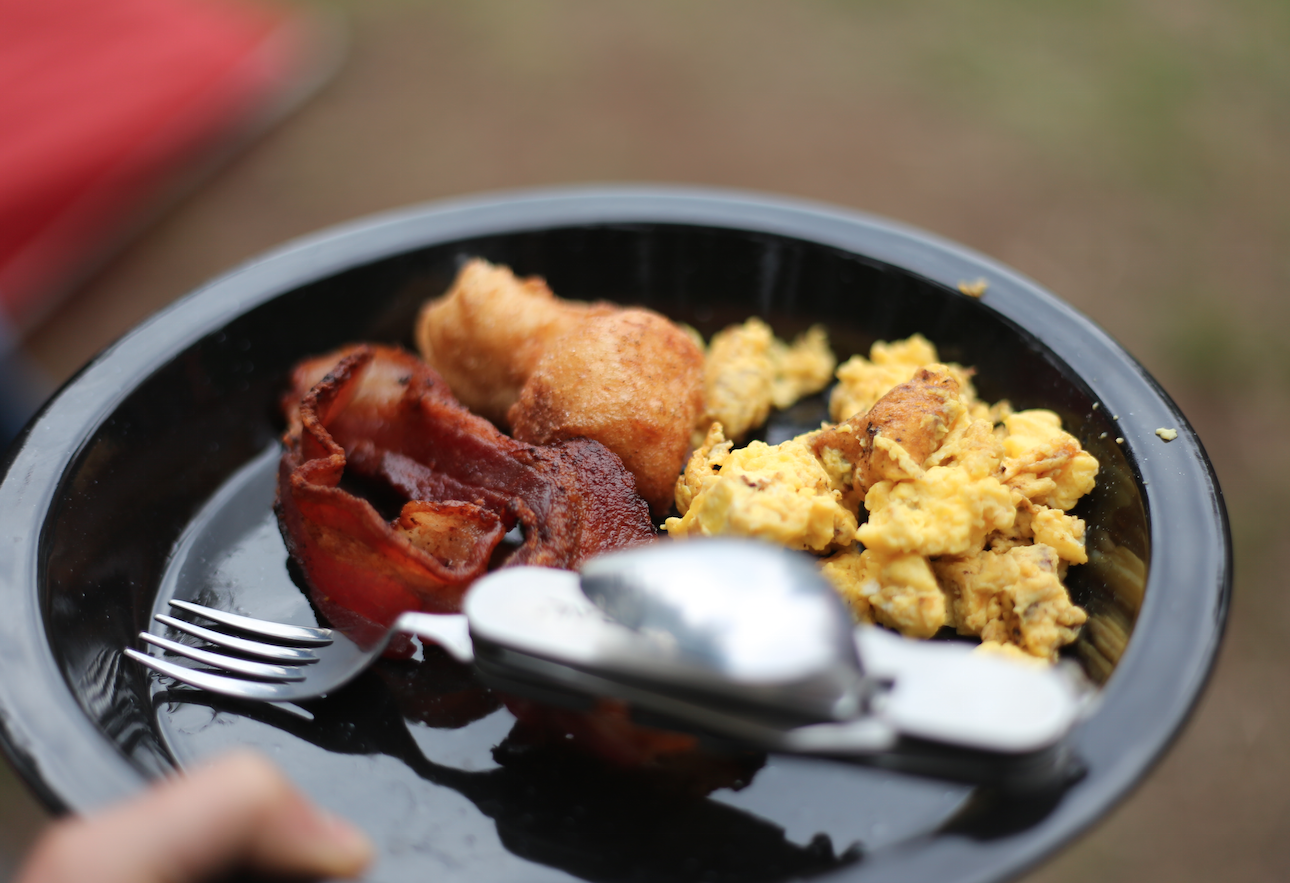 bacon, eggs and campfire doughnuts