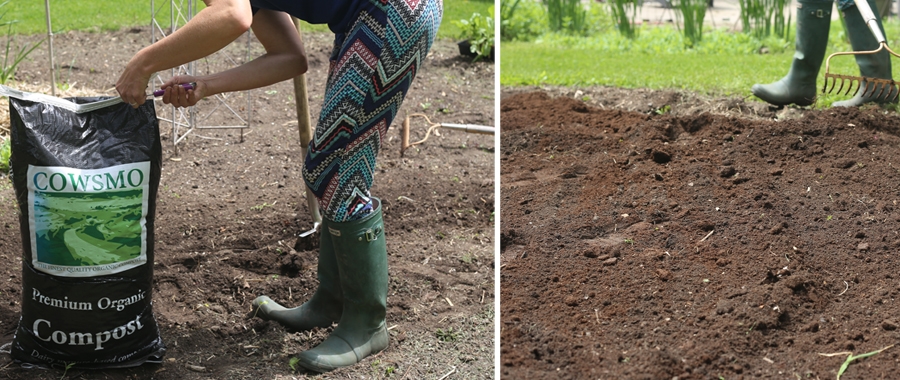 I usually add compost before turning the soil over, but you can also add it on top of your existing soil and rake it in (as pictured).