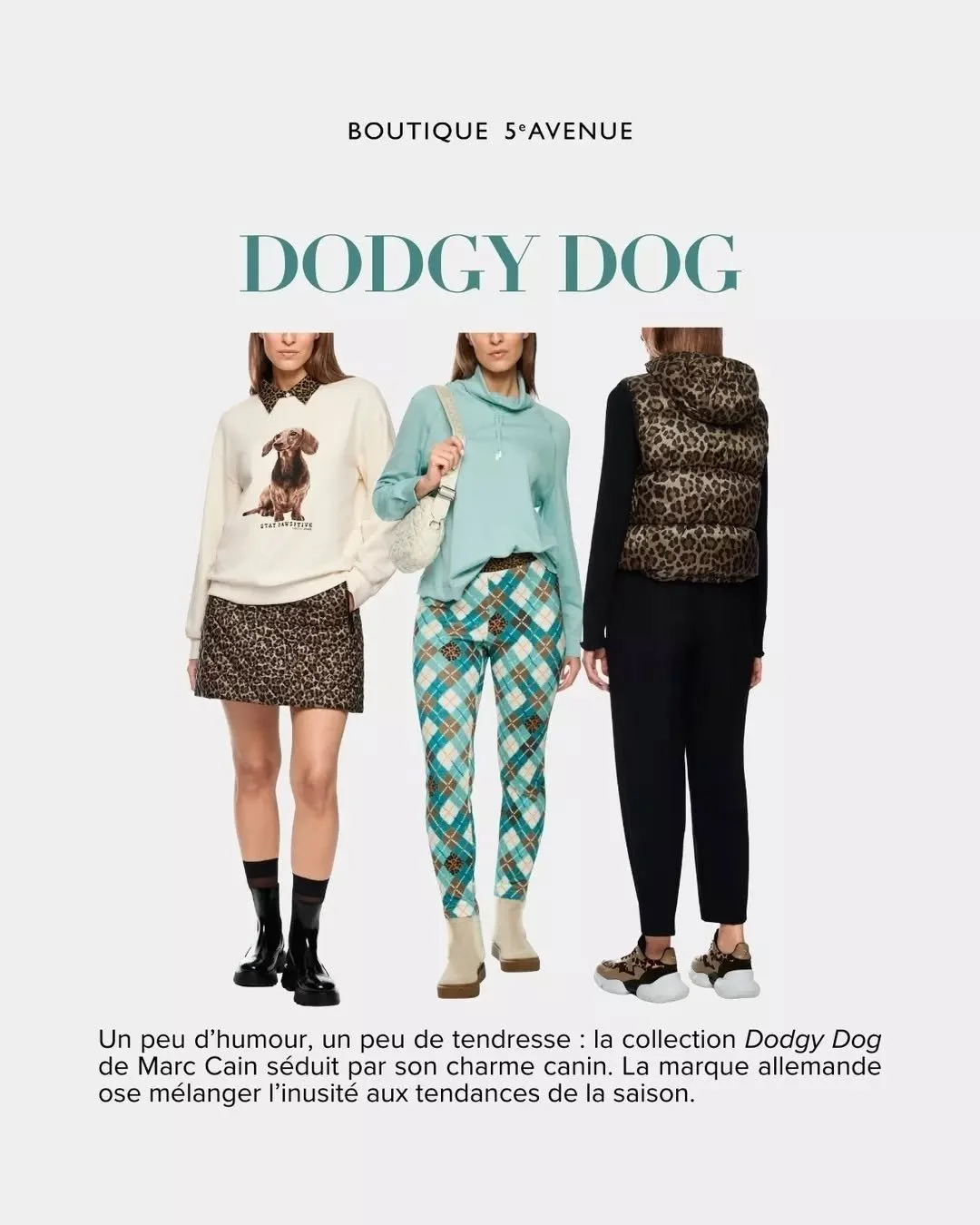 Nos compagnons poilus sont &agrave; l'honneur !&nbsp;🐾 

Cette toute nouvelle collection de @marccain met de l'avant le charme canin. Entre fantaisie assum&eacute;e et style distingu&eacute;, la saison s'annonce pleine de caract&egrave;re.&nbsp;

Un