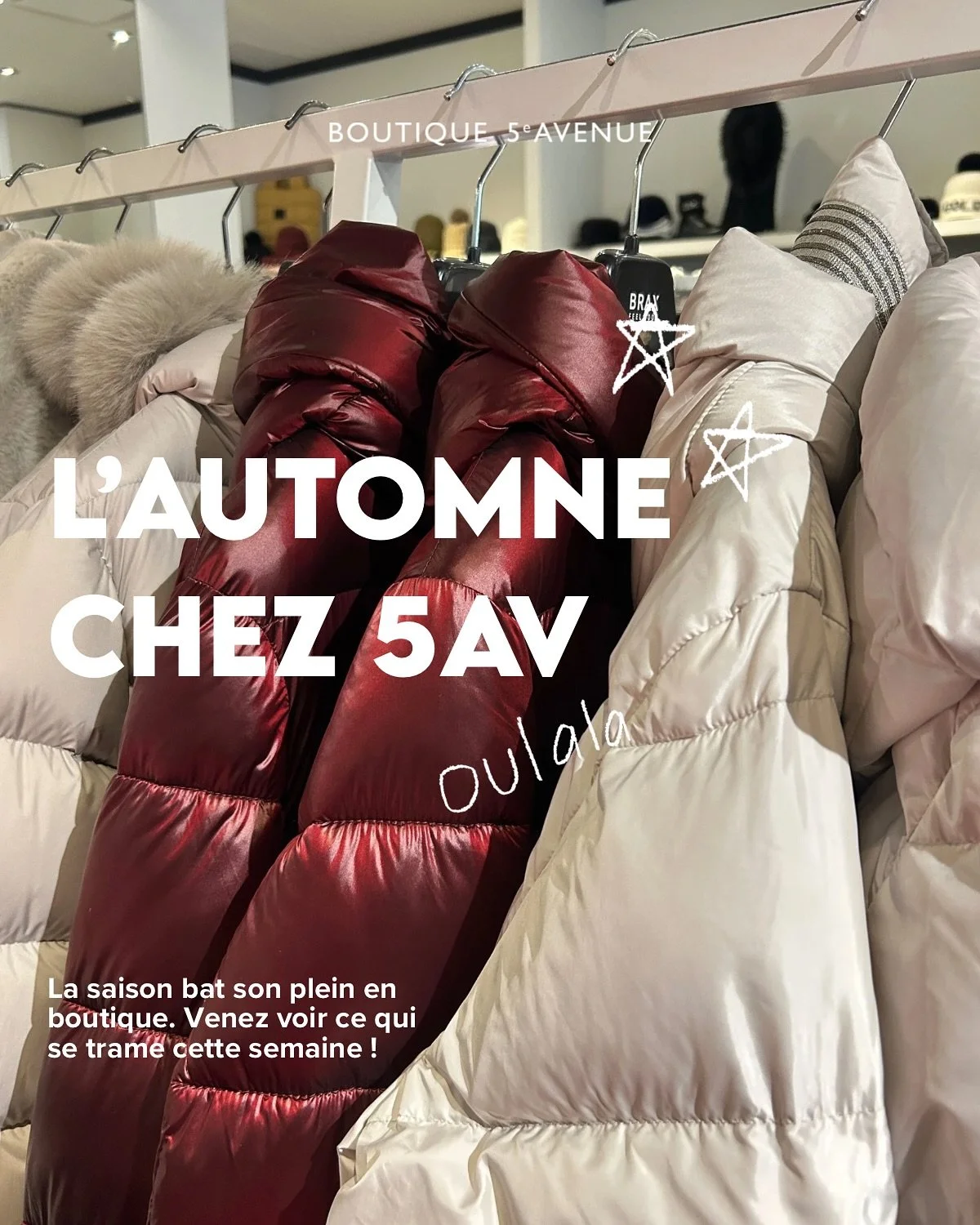 L&rsquo;automne bat son plein en boutique! 🍂

Venez d&eacute;couvrir les pulls, les bottes et les manteaux qui vous tiendront au chaud tout au long de la saison. C&rsquo;est le moment parfait avant que les quantit&eacute;s s&rsquo;&eacute;puisent. 
