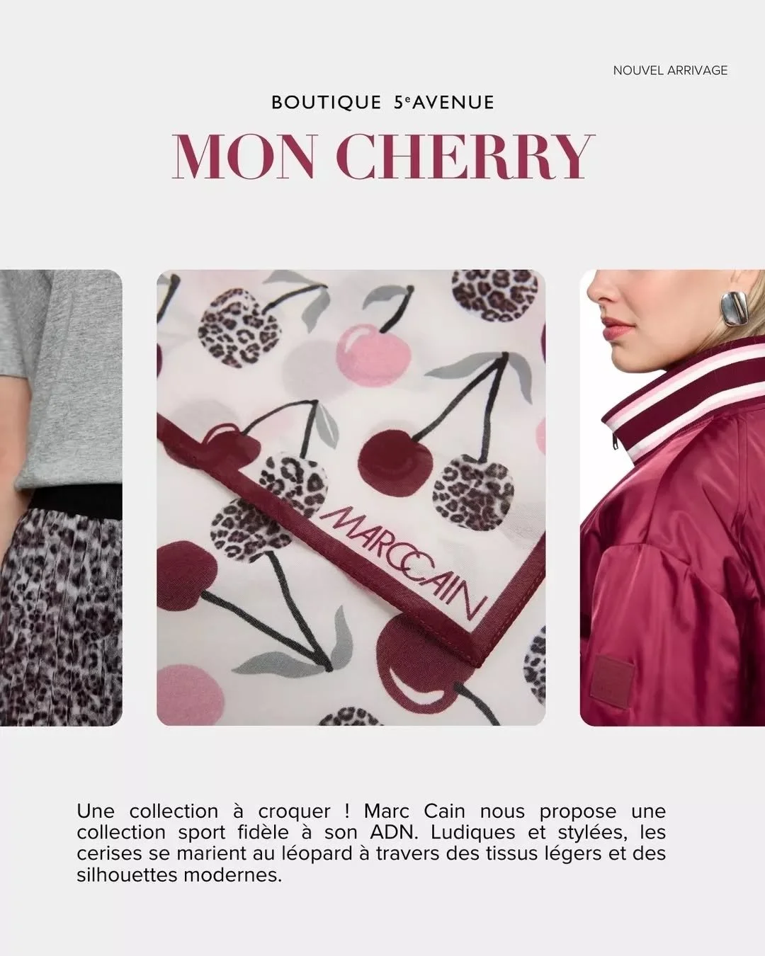 My cherry, come here 🍒

Marc Cain's signature leopard print combines with playful cherries to create a sports collection that perfectly reflects the German brand's image. A bold play on contrasts for