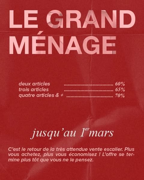 &Agrave; vos marques, pr&ecirc;tes, &eacute;conomisez ! 🏃&zwj;♀️

Jusqu'au 1er mars, profitez de la tr&egrave;s attendue vente escalier. C'est simple : plus vous achetez, plus votre rabais augmente. Une belle occasion de refaire sa garde-robe avec p