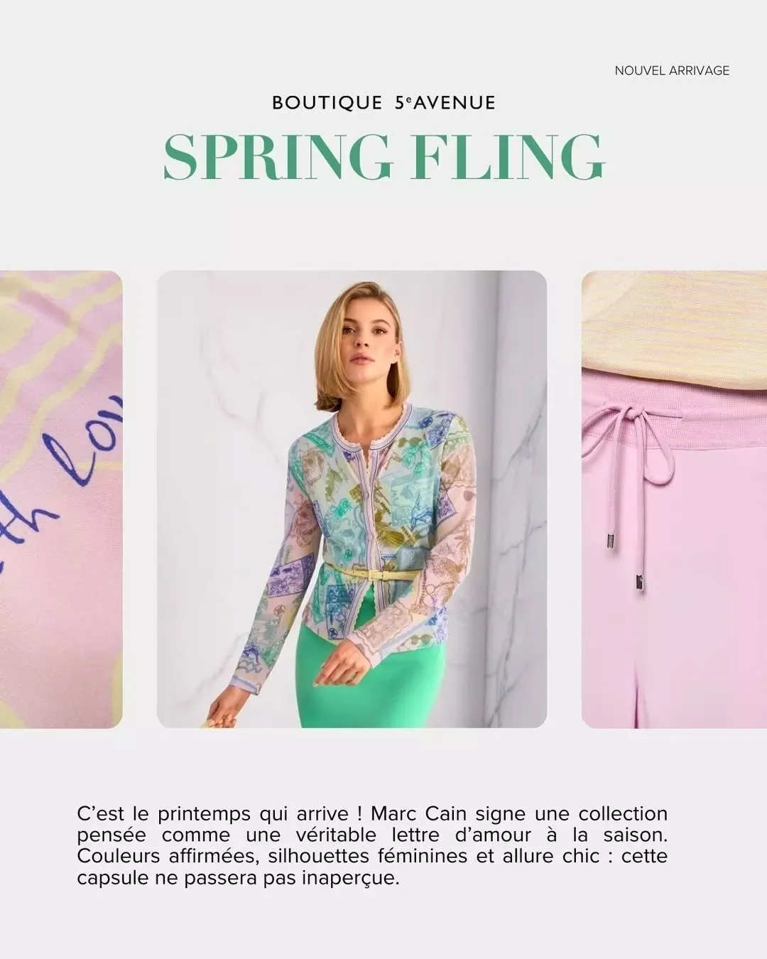 Le printemps est l&agrave; ! 🌸

Marc Cain signe une collection &agrave; la fois vibrante et r&eacute;solument s&eacute;ductrice. Textures modernes, tissus l&eacute;gers et silhouettes f&eacute;minines composent cette collection au caract&egrave;re u