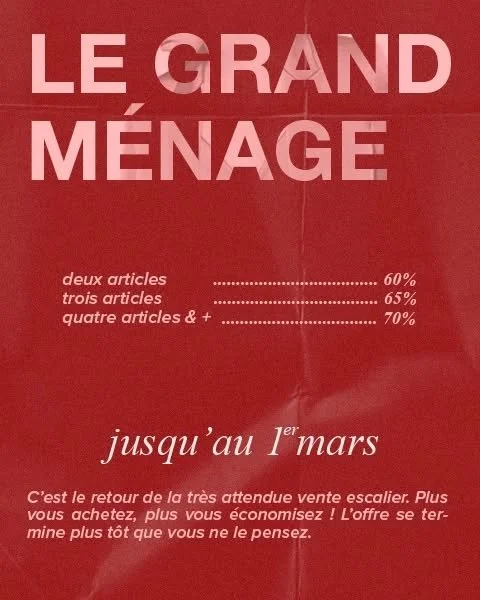 &Agrave; vos marques, pr&ecirc;tes, &eacute;conomisez ! 🏃&zwj;♀️

Jusqu'au 1er mars, profitez de la tr&egrave;s attendue vente escalier. C'est simple : plus vous achetez, plus votre rabais augmente. Une belle occasion de refaire sa garde-robe avec p