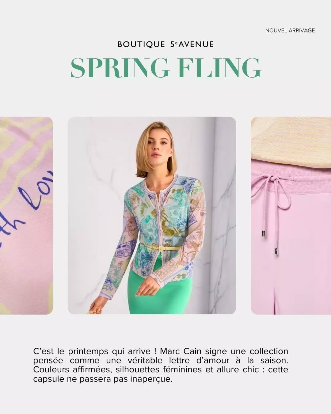 Le printemps est l&agrave; ! 🌸

Marc Cain signe une collection &agrave; la fois vibrante et r&eacute;solument s&eacute;ductrice. Textures modernes, tissus l&eacute;gers et silhouettes f&eacute;minines composent cette collection au caract&egrave;re u