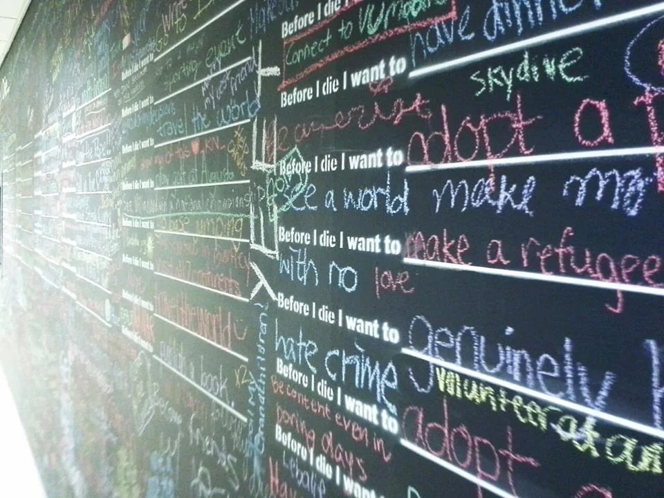 #project365 Had an assignment at villanova today. I came across a wall painted with chalkboard paint. Students had put there dreams and goals on it.
I added mine as well... (45/365)