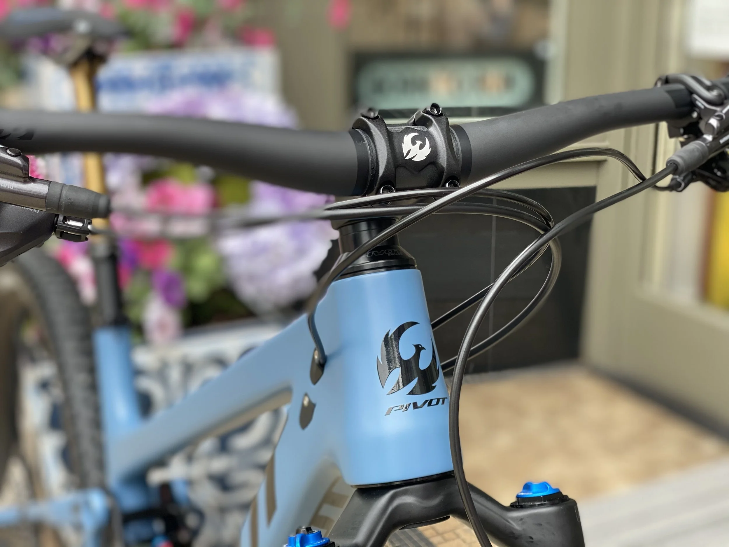 Close up Pivot bike Mountain bike for trails blue