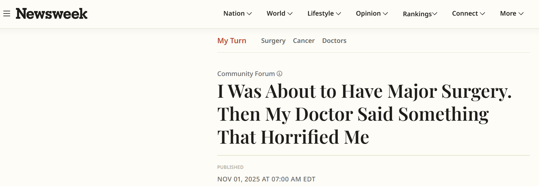 Newsweek Article: I was about to have major surgery. Then my doctor said something that horrified me