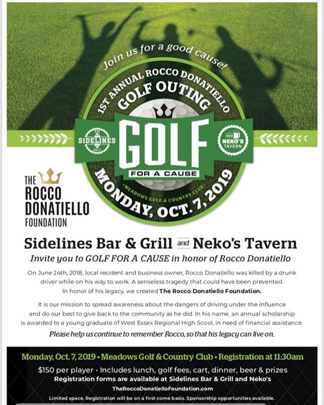 Please join us with @rocdonafoundation in collaboration with @sidelines_bar46 for the first annual Rocco Donatiello golf fundraiser! Proceeds go towards a scholarship for a West Essex High School graduate
October 7th 2019 @vividemotionphotography will be on site capturing the days festivities and celebrations
#sidelines46 #golf #fundraiser #golfouting #nj #njgolf #play
