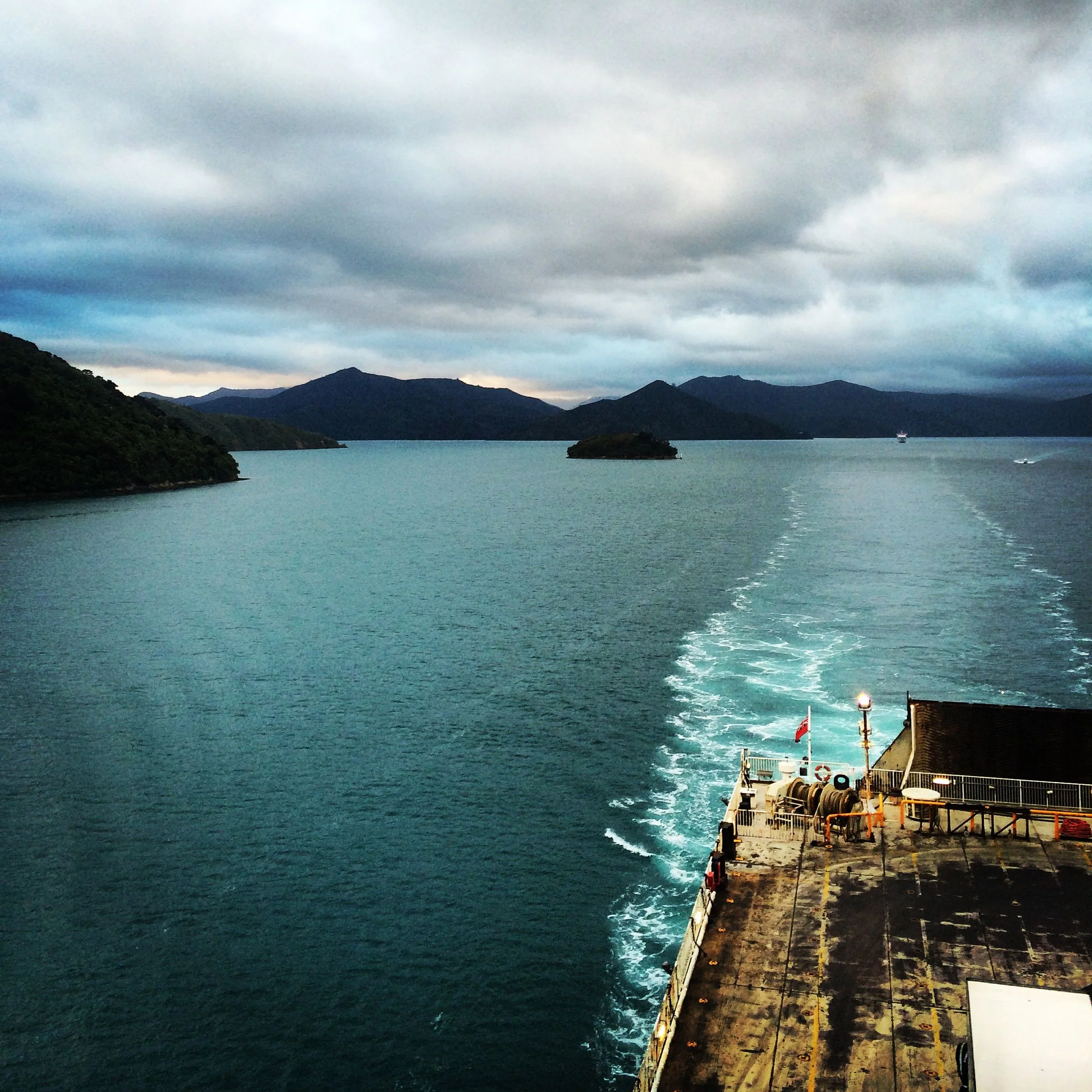 Entering the South Island by ferry with our trusty '89 station wagon in the belly of this beast.